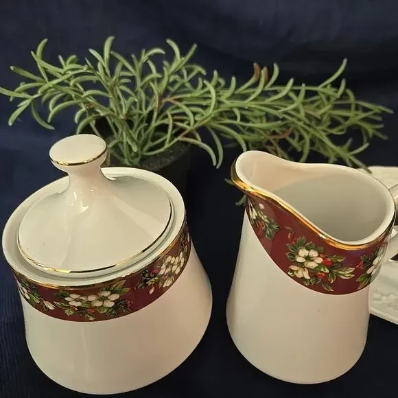 Splendor by Sakura Sugar Bowl and Creamer Pitcher Fine Stoneware Floral Burgundy - Picture 2 of 8